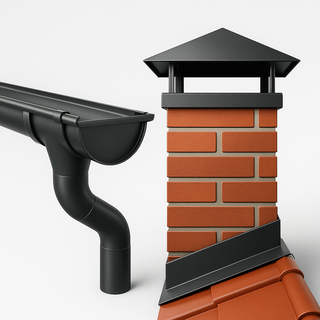 Systemy rynnowe stalowe i PVC, akcesoria odwodnienia dachu, wkłady kominowe, 