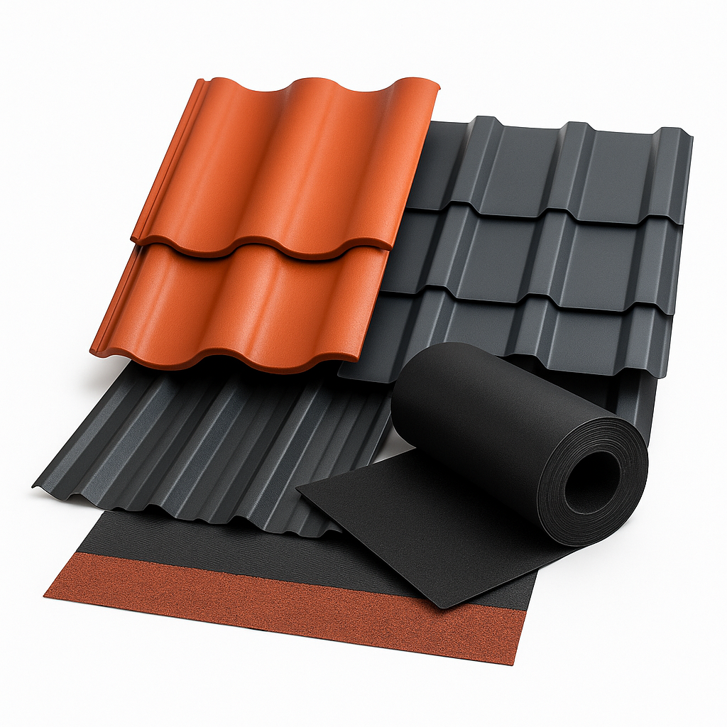 Dachówki ceramiczne, betonowe, blachodachówki, blacha trapezowa, papy, gonty bitumiczne, membrany dachowe.